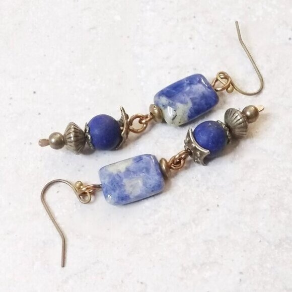 Blue Sodalite + Lapis Lazuli + Bronze ~ Handmade & One-of-a-kind Dangle Earrings - Picture 4 of 10